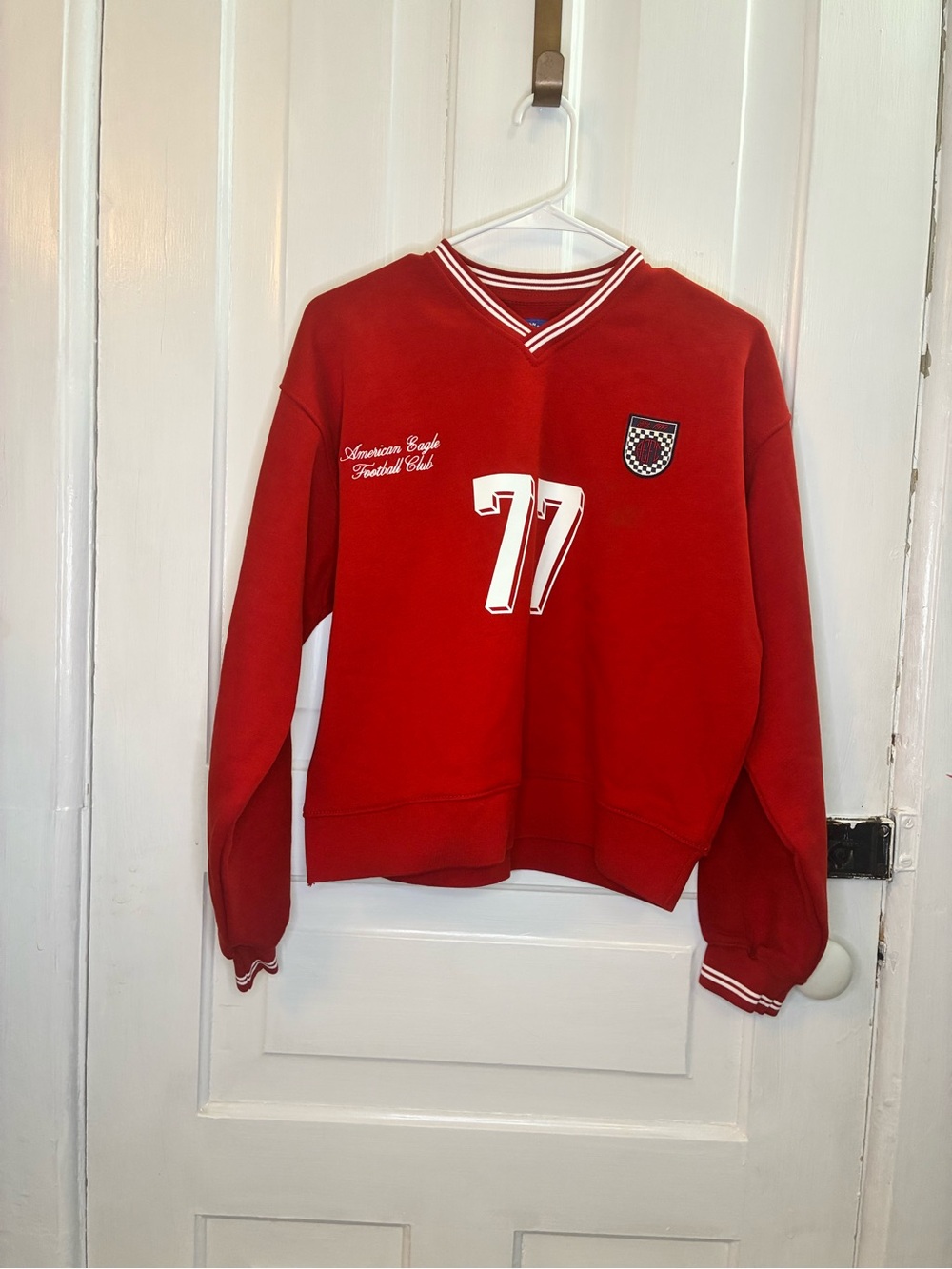 American Eagle Red V-Neck Football Club Sweater with '77 Graphic